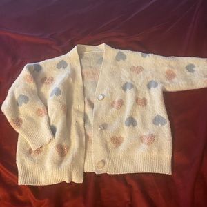 Pink and blue heart white button up cardigan sweater